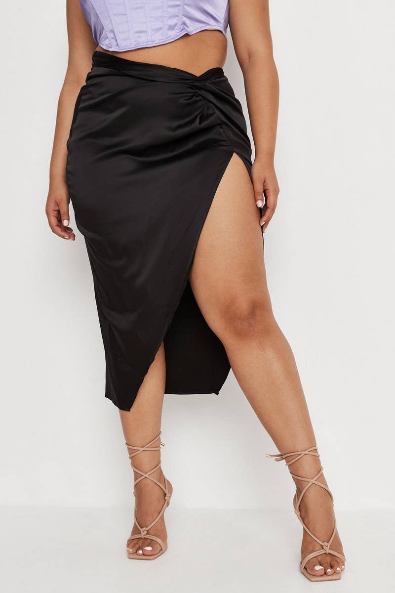 HIGH WAIST KNOT IRREGULAR SATIN SLIT SKIRT_CWBMS0089
