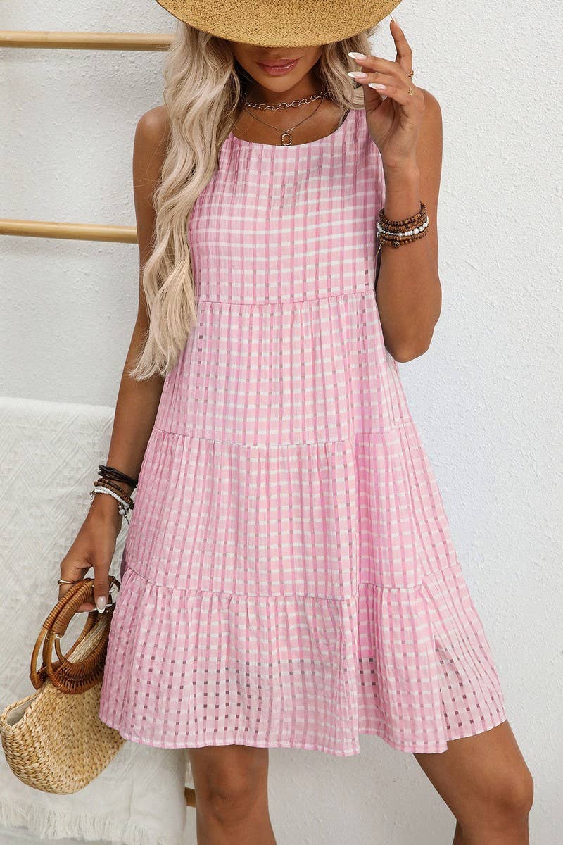 CWDSD8675_SLEEVELESS PLAID LOOSE FIT FLOWY DRESS