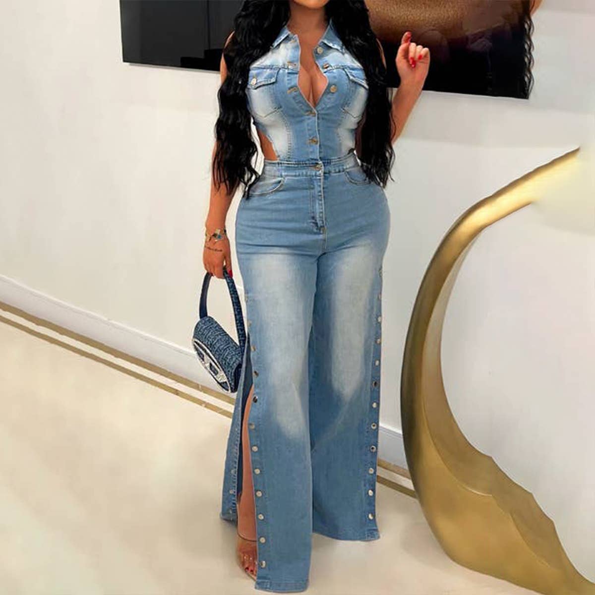 TIGHT WAIST SLIM STRETCH WASH DENIM JUMPSUIT