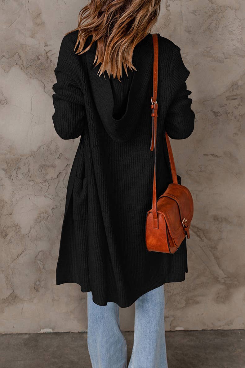 Solid-color hooded long knitted coat