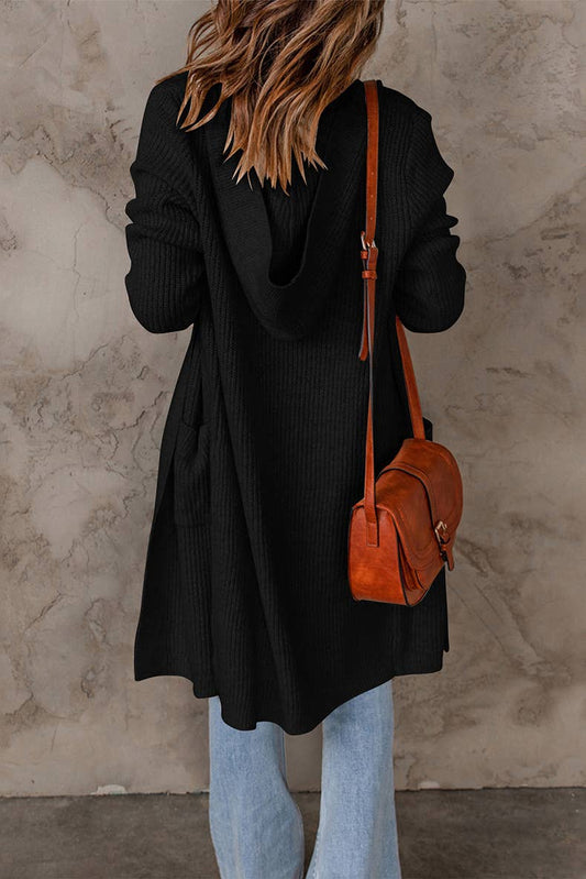 Solid-color hooded long knitted coat
