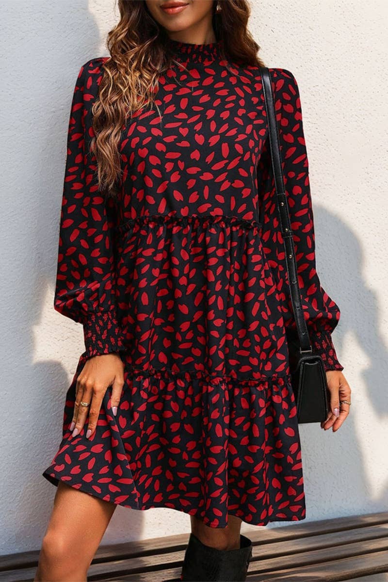 CWDSD6519_CHOKER LONG SLEEVE LEOPARD PRINT WAIST DRESS