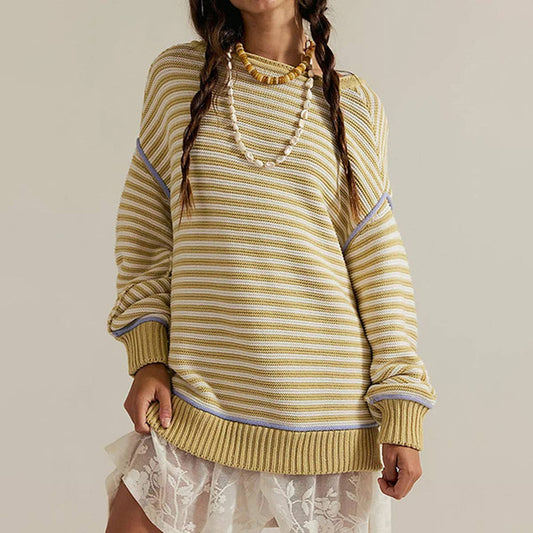 Striped knitted round-neck long-sleeved sweater