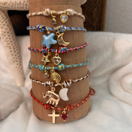 18K Gold Star & Cross Charm Color Cord Bracelet_CWAJE4617