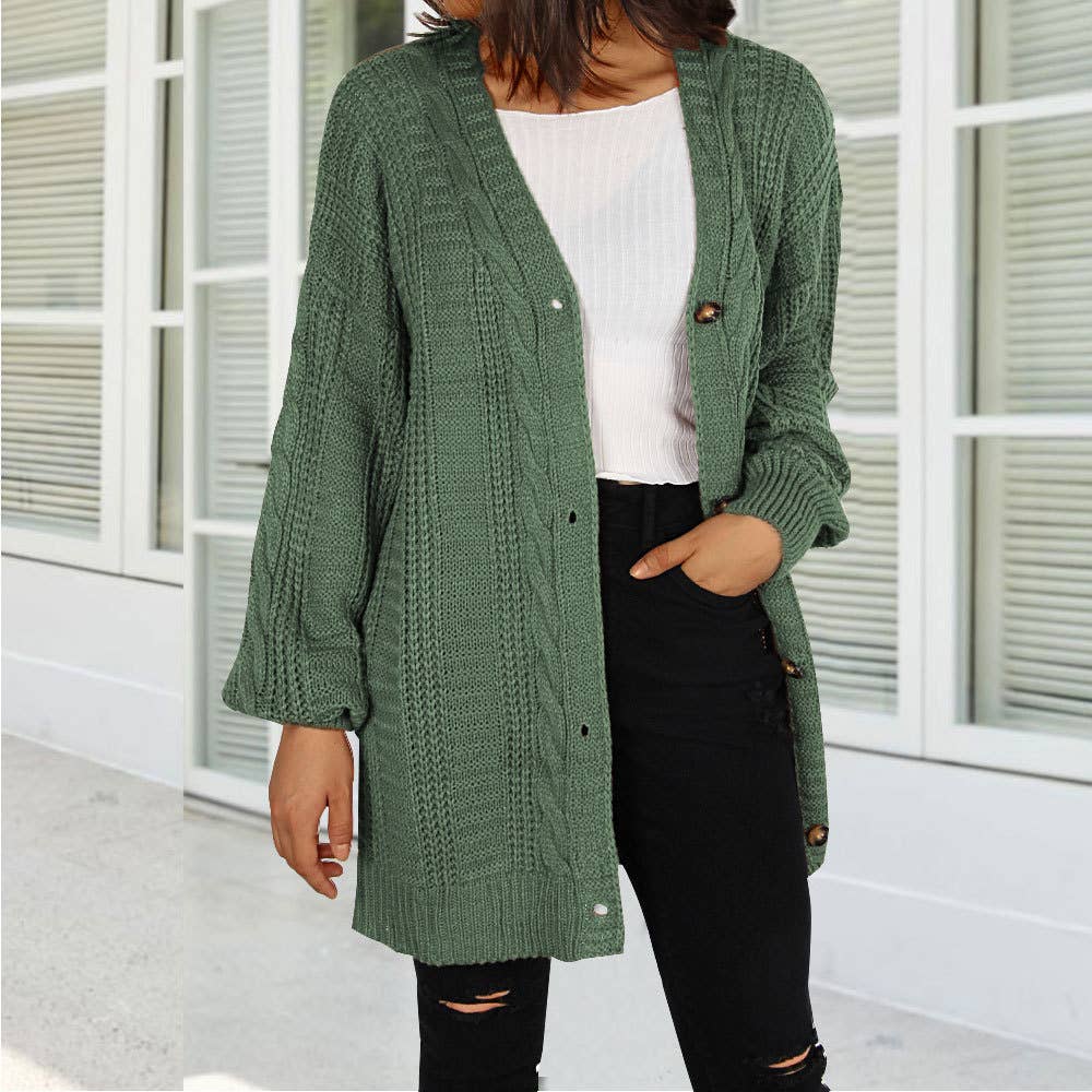 V-neck twist lantern sleeve long cardigan coat