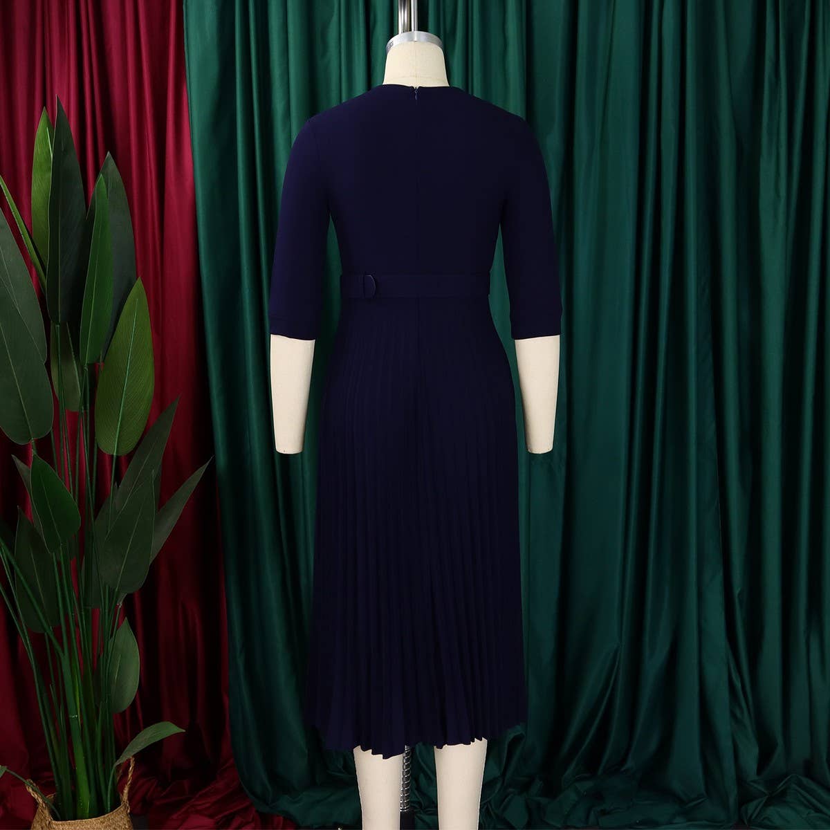 FASHION SUIT COLLAR PLEATED WAIST PLUS SIZE DRESS_CWDMD3653