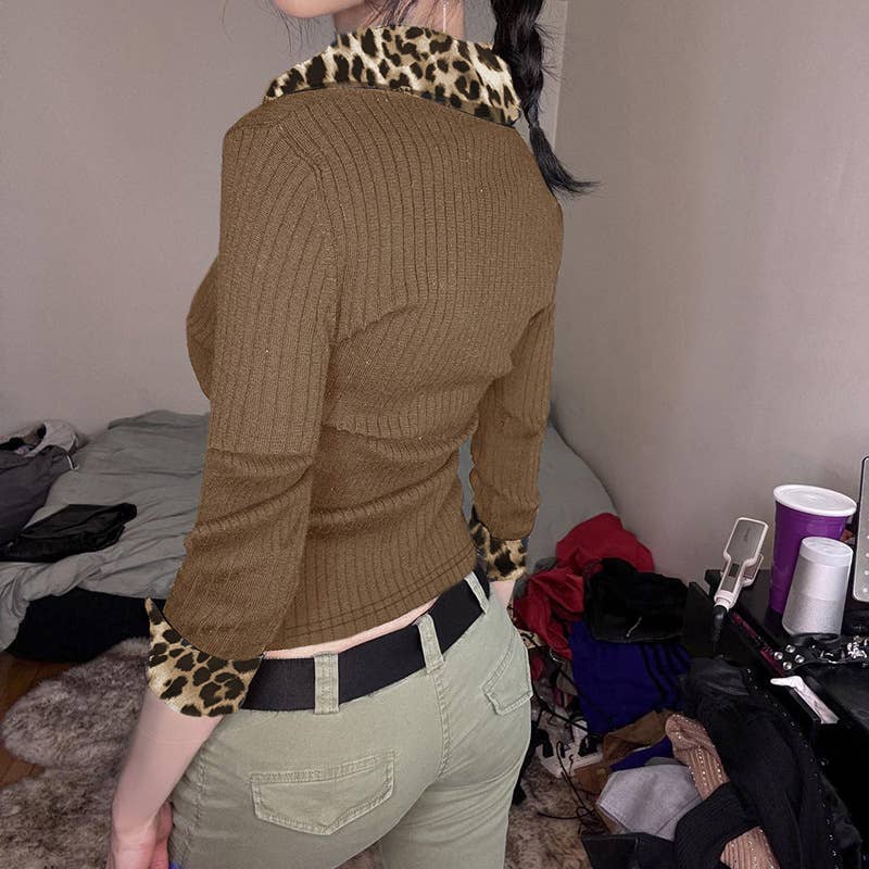 VINTAGE PATCHWORK LEOPARD POLO-NECK KNIT T-SHIRT