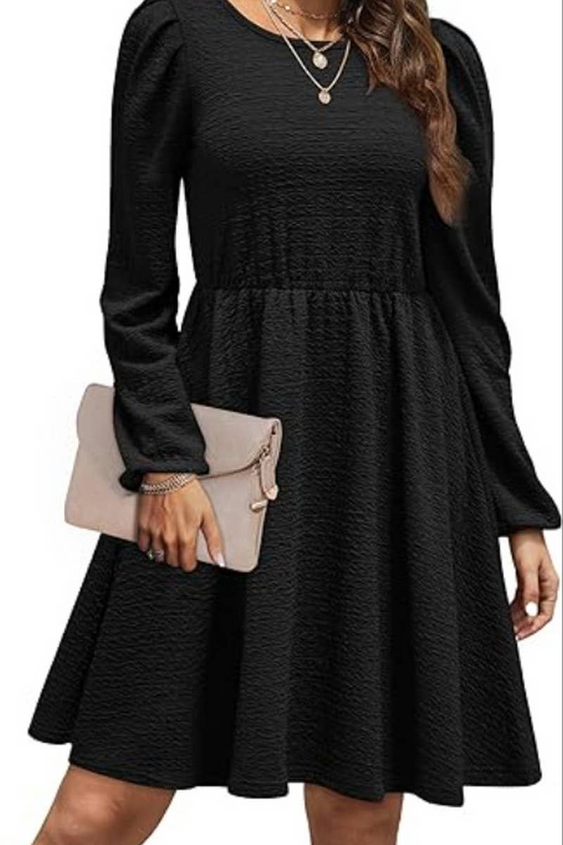 CWDSD10646_PUFF SLEEVE ROUND NECK HIGH WAIST DRESS