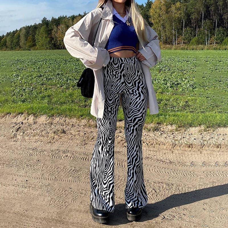 Elastic-waisted zebra-print stretch casual flares