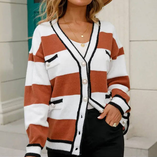 V-neck patchwork loose knit cardigan