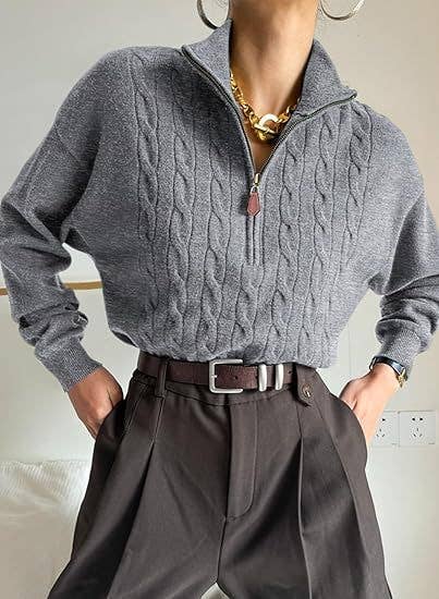 Semi-high neck zipper ribbed twist knit sweater
