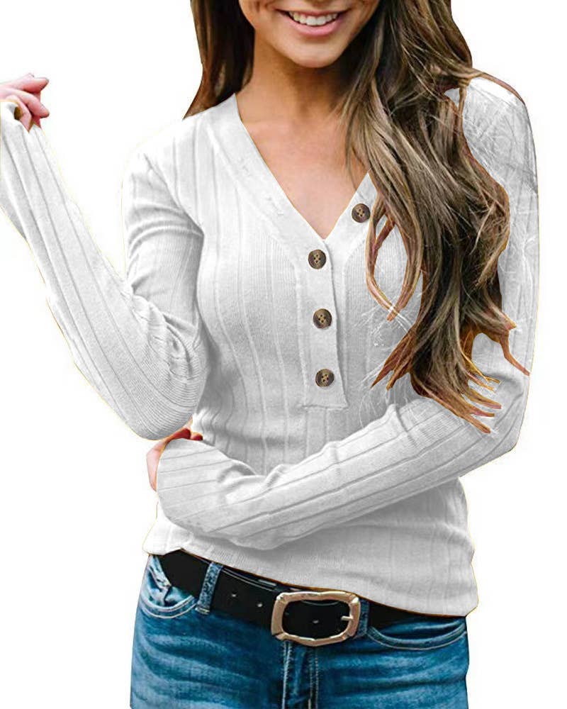 V-NECK BUTTON SOLID COLOR LONG-SLEEVED SWEATER