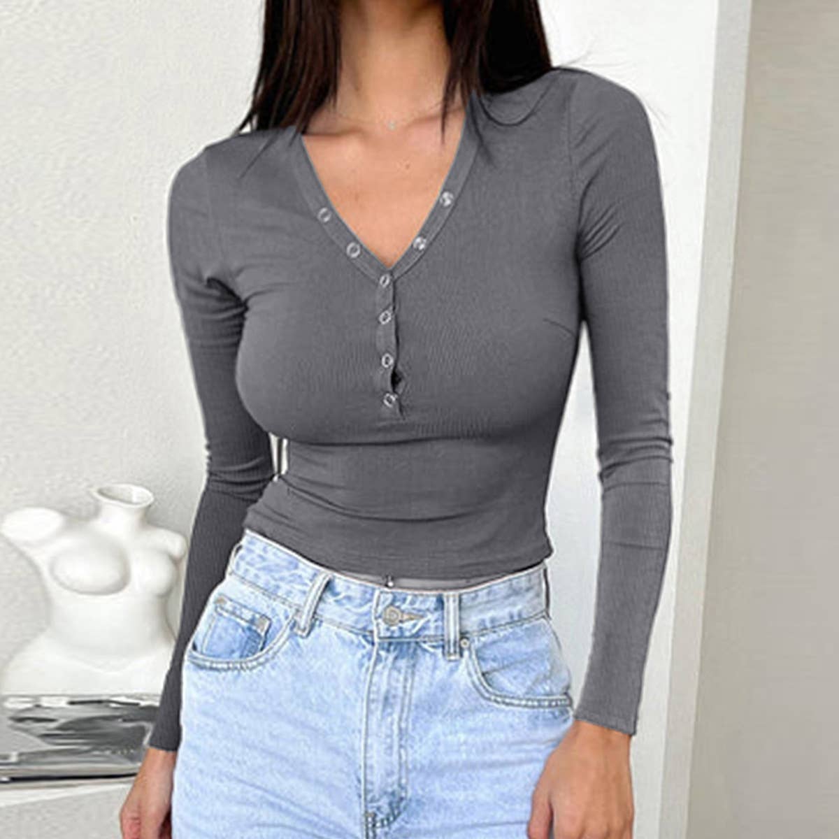 TEMPERAMENT SLIM SOLID COLOR LONG SLEEVE TOP