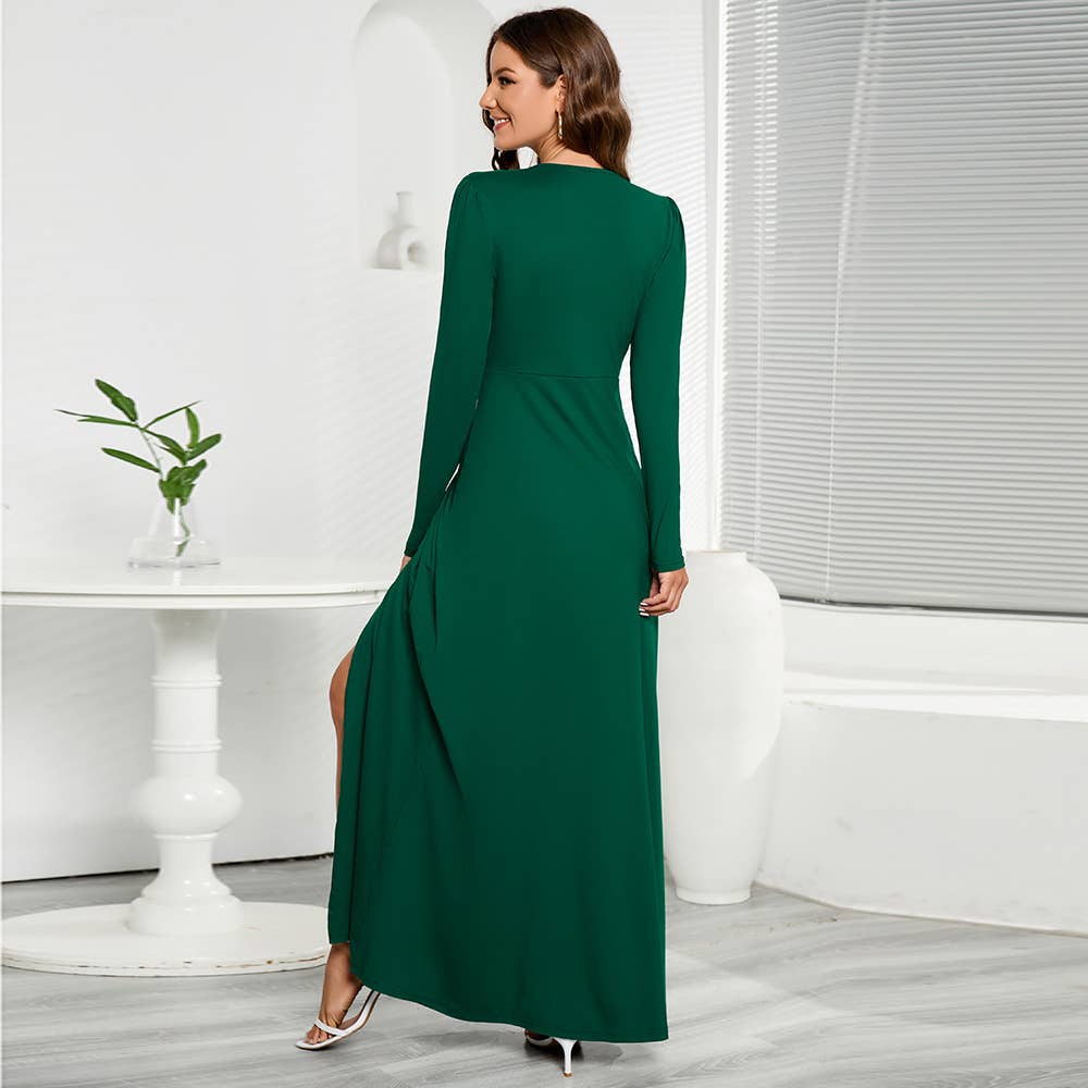 V-neck long-sleeved solid color fitted dress