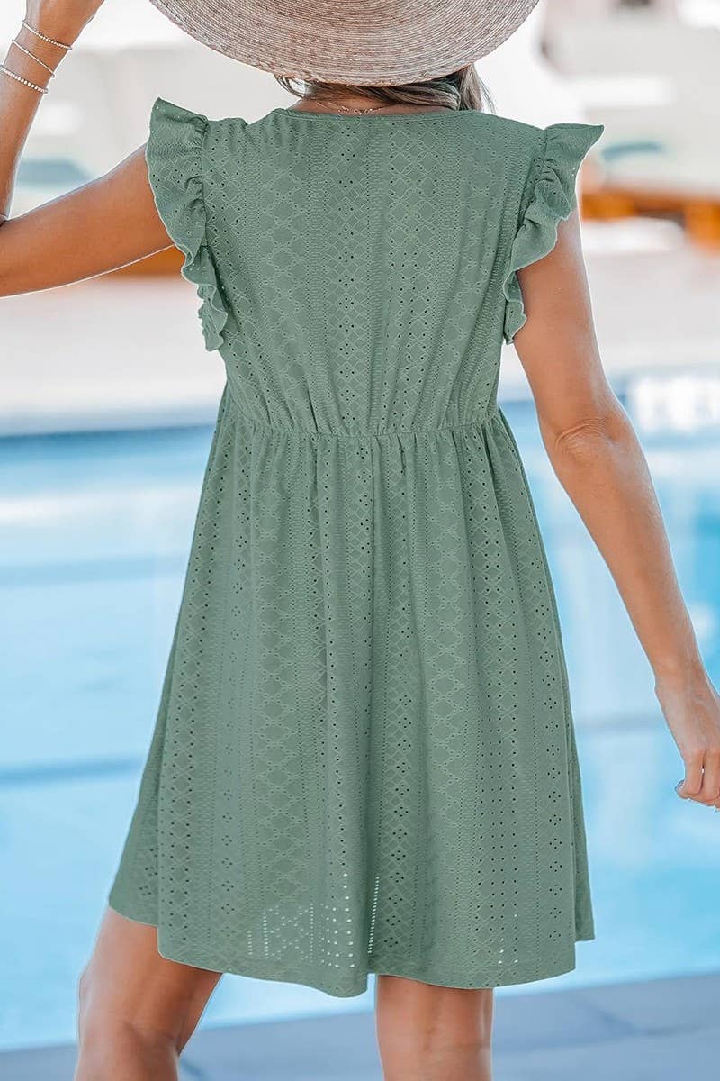 CWDSD8697_LACE TRIM V-NECK EYELET SHORT SLEEVE COVER DRESS