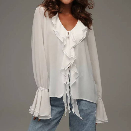 A stylish lace-up design with ruffled cardigan
