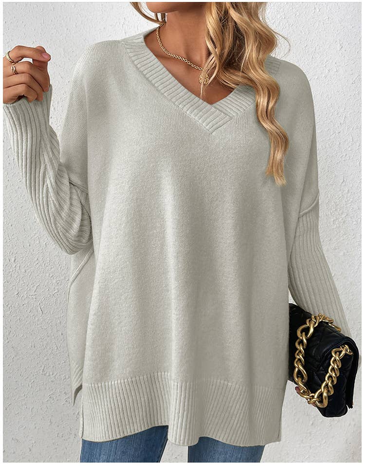 V-neck casual patchwork long-sleeved sweater