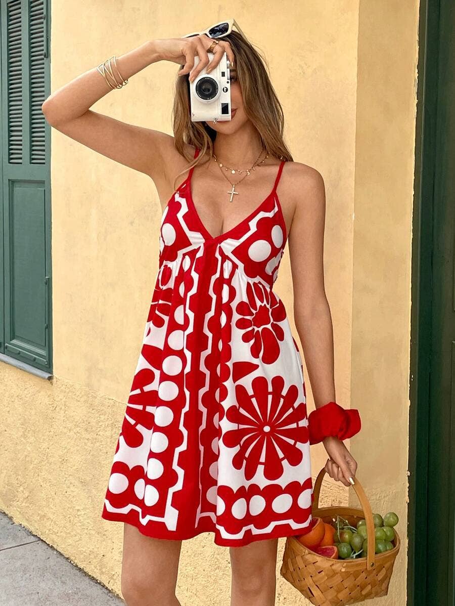 V-neck high-waisted printed halter dress