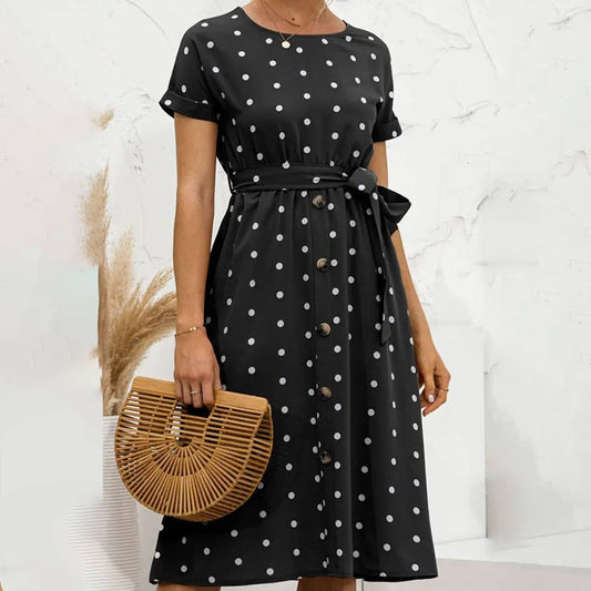 POLKA DOT BREASTED LACE UP DRESS_CWDSD2477