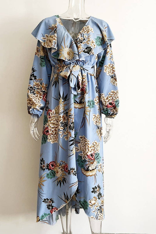 CWDMD4821_RUFFLE COLLAR LONG SLEEVE SLIT WIDE SWING DRESS