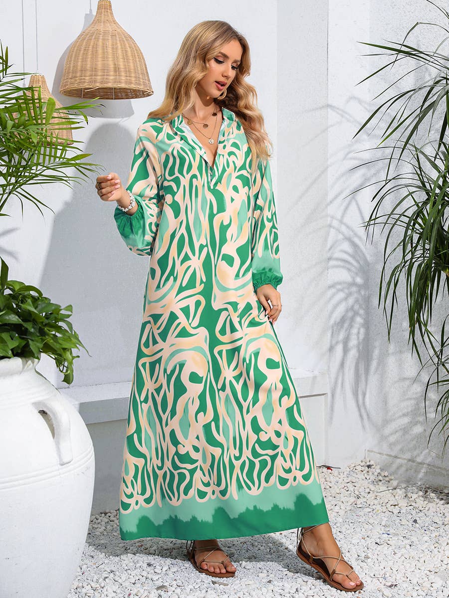 PULLOVER V-NECK PRINT LONG DRESS WITH BIG SWING
