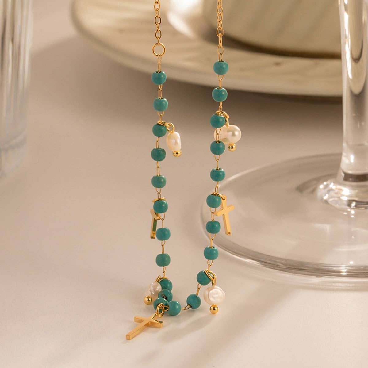 FRENCH TURQUOISE CROSS PENDANT NECKLACE