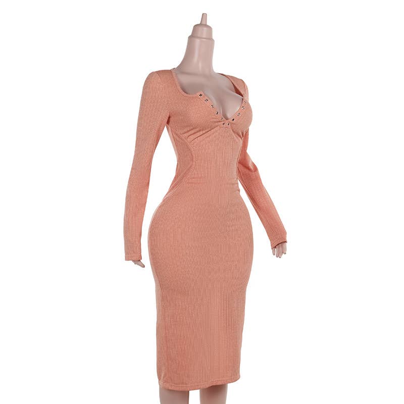 SLIM KNIT MACHINE EYE V-NECK LONG SLEEVE DRESS