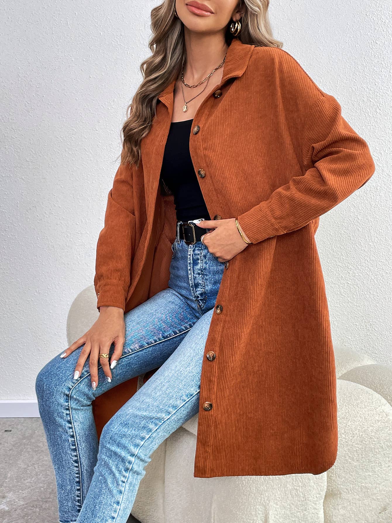 LONG SLEEVE SINGLE BREASTED CORDUROY LONG CARDIGAN
