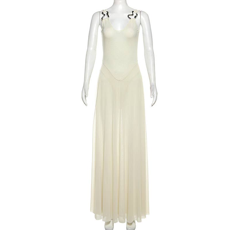 SEXY V-NECK HALTER SKIRT TEMPERAMENT MESH DRESS