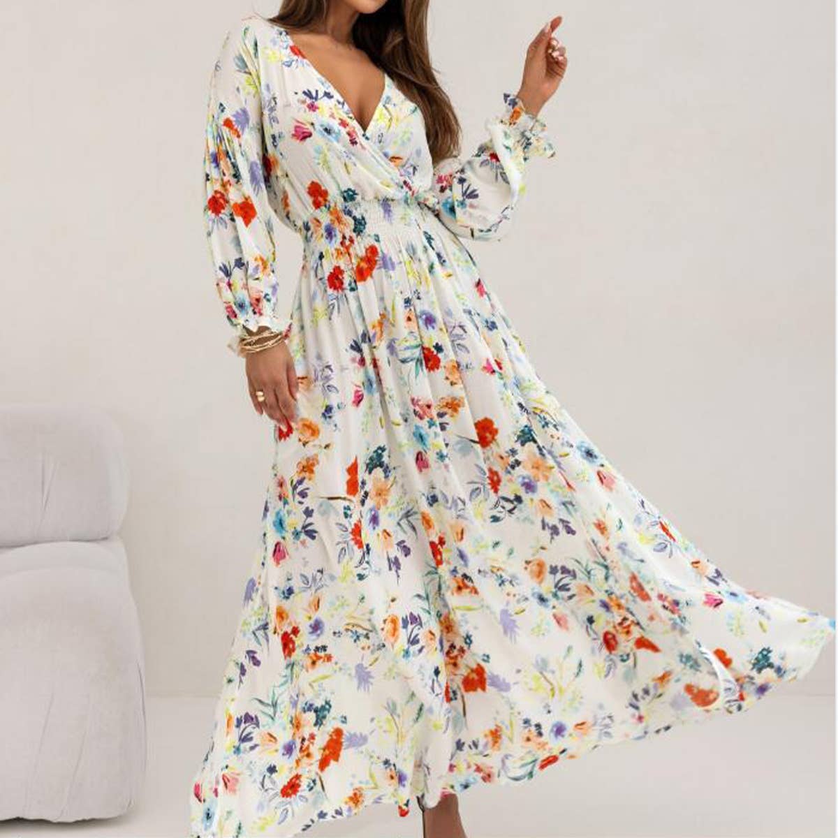 Printed V-neck lantern long sleeve slit dress