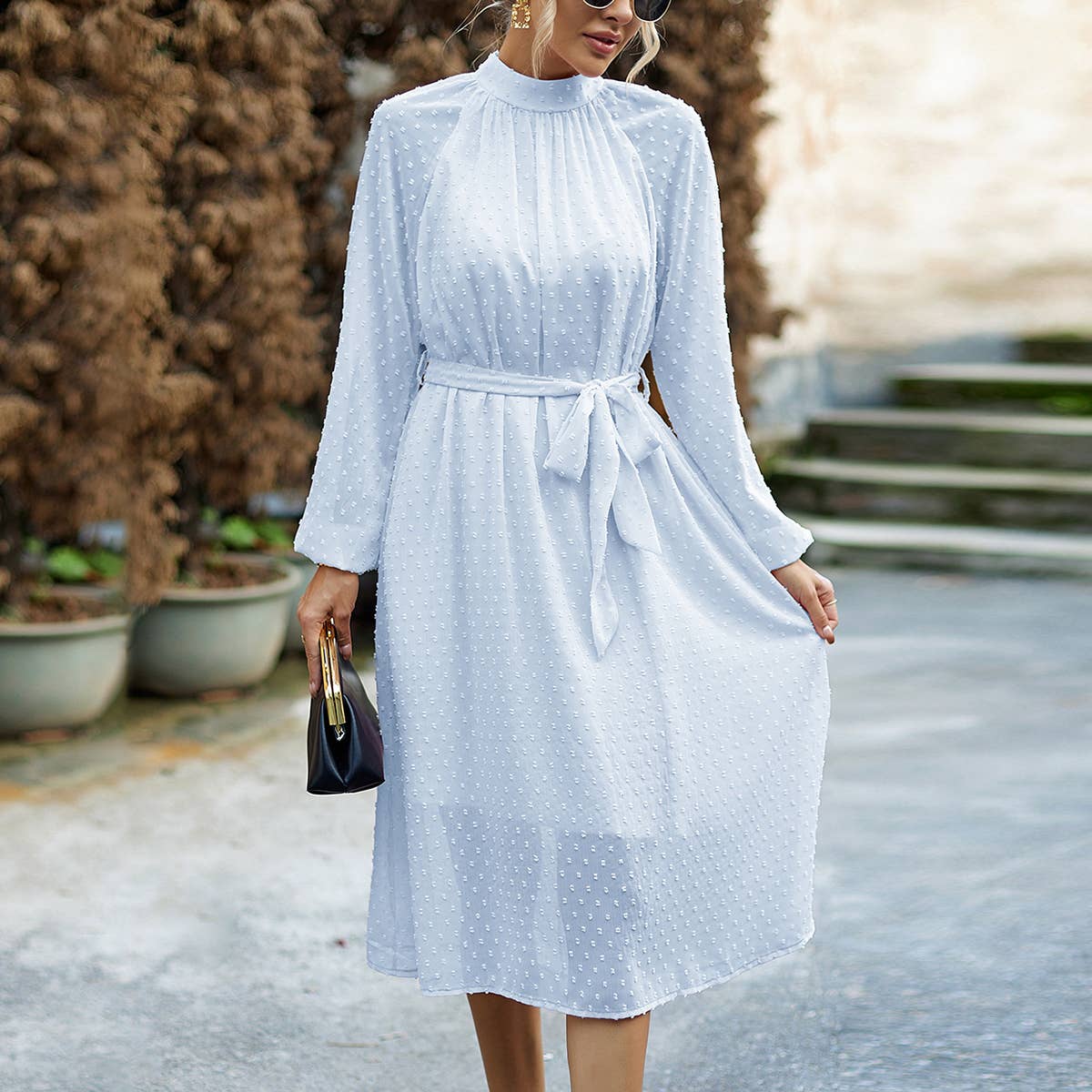 JACQUARD MESH LACE-UP WAIST ROUND NECK LONG DRESS