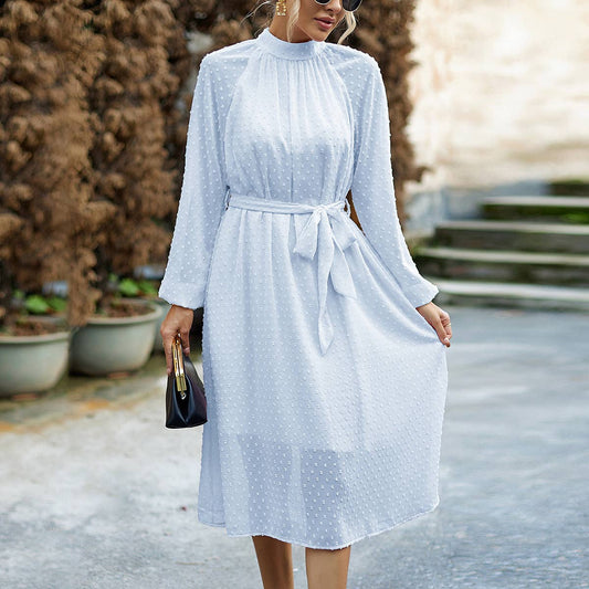 JACQUARD MESH LACE-UP WAIST ROUND NECK LONG DRESS