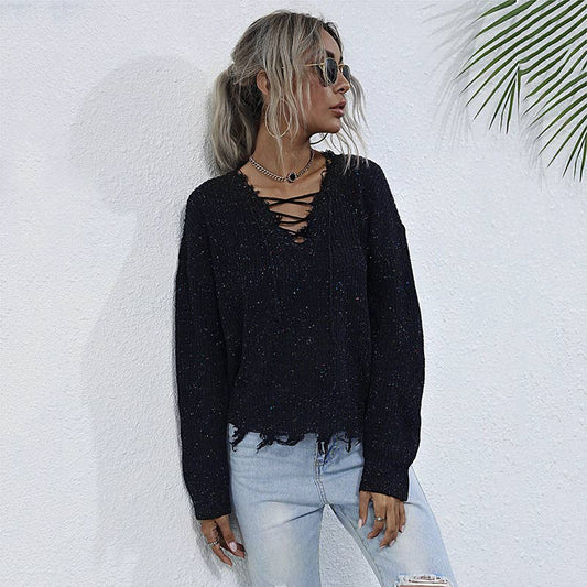 SOLID COLOR CASUAL CUT EDGE LOOSE V-NECK SWEATER