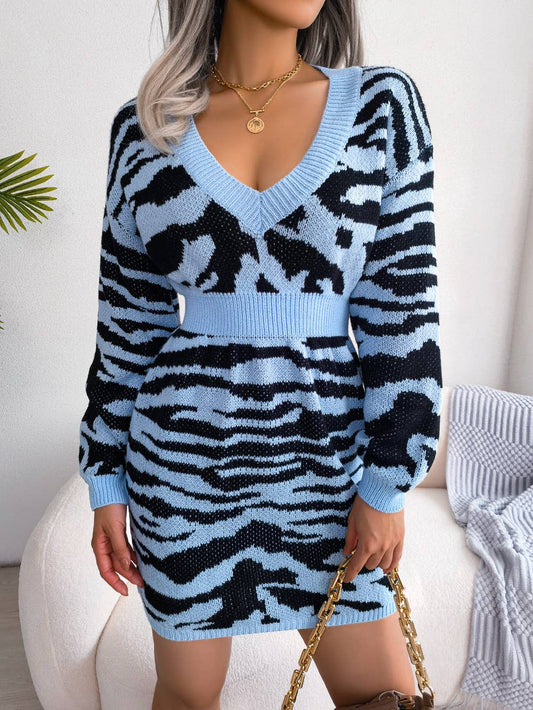 Tiger print sweater dress with lantern sleeves