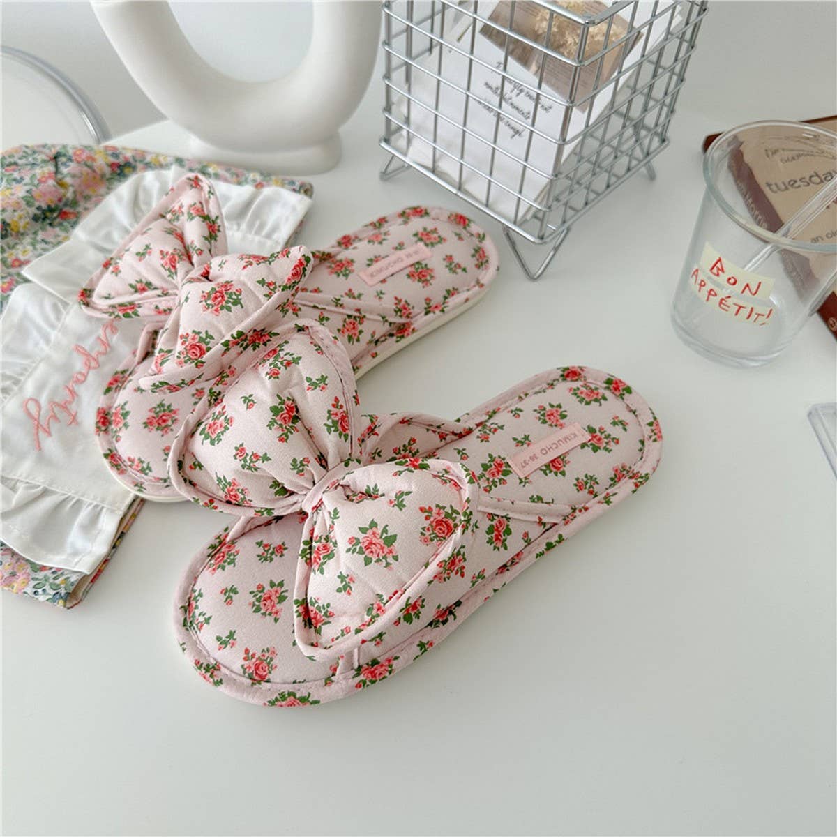 LIGHT BLUE FLORAL BOW-KNOT THICK-SOLED HOME SHOES