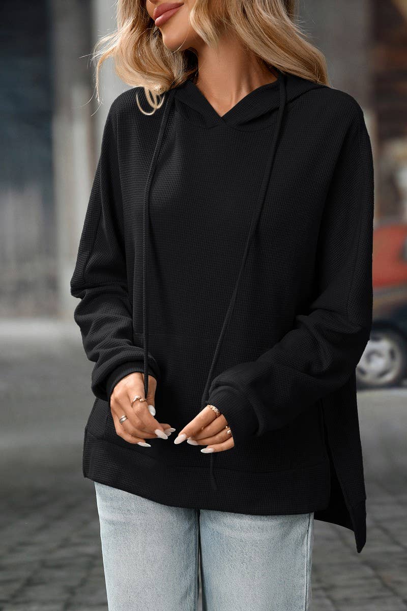 CWOHOL00603_WAFFLE KNIT PULLOVER LONG SLEEVE HOODIE