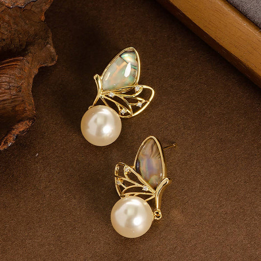 COLORFUL ABALONE DIAMOND BUTTERFLY PEARL EARRINGS