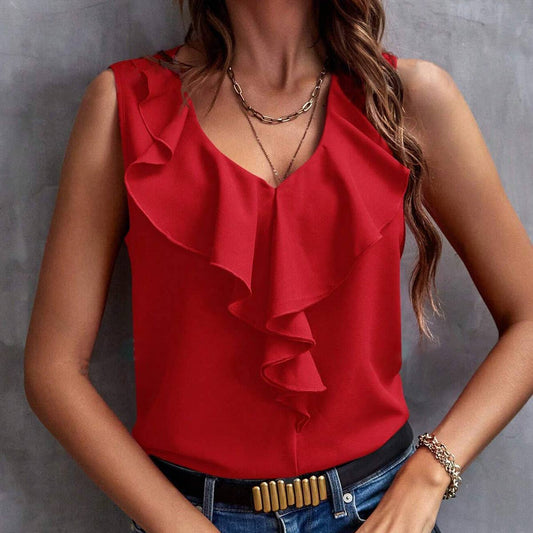 V-neck ruffled sleeveless top for women