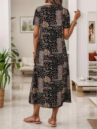 Retro-style printed short-sleeved loose dress