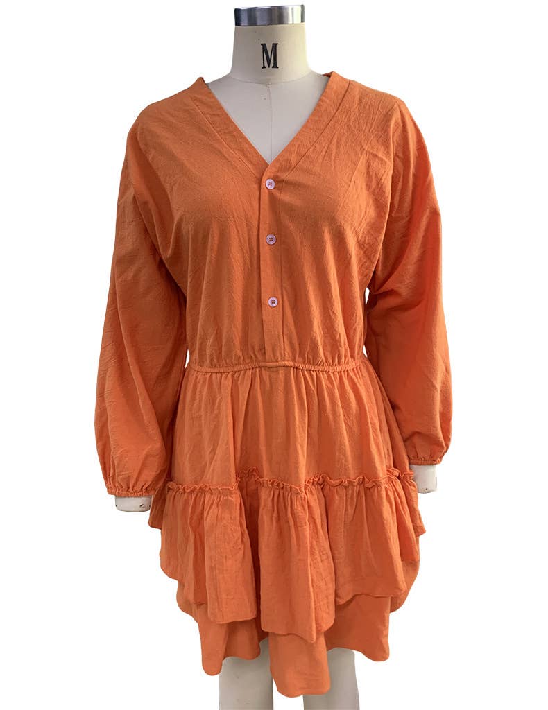 LONG SLEEVE SOLID COLOR COTTON LINEN DRESS