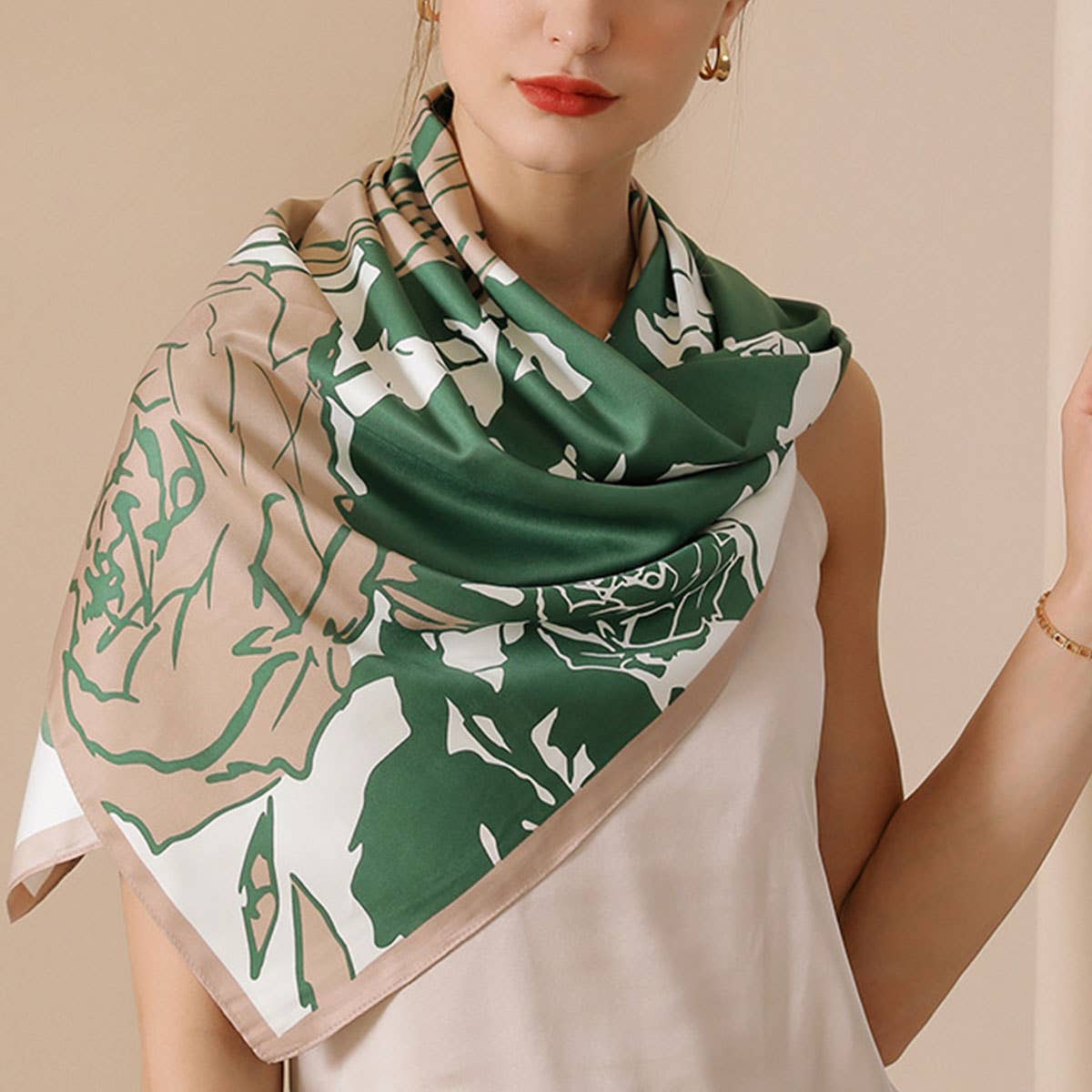 Floral Print Satin Scarf for Women, Large Square
