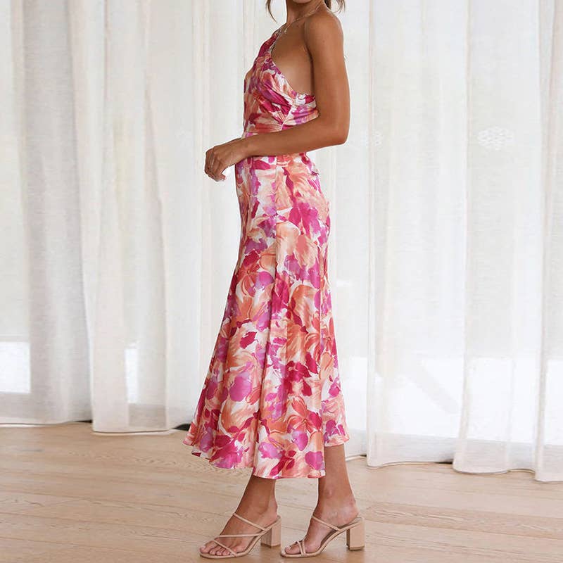 Sexy halter print skew collar fishtail dress