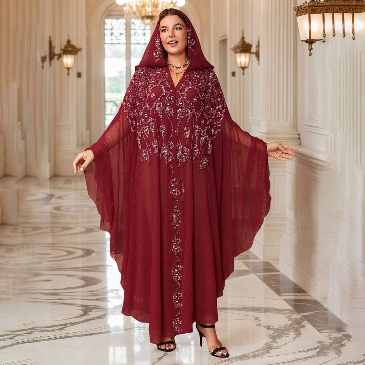 African Beaded Long Robe Muslim Cape Hooded Dress_CWMM6138