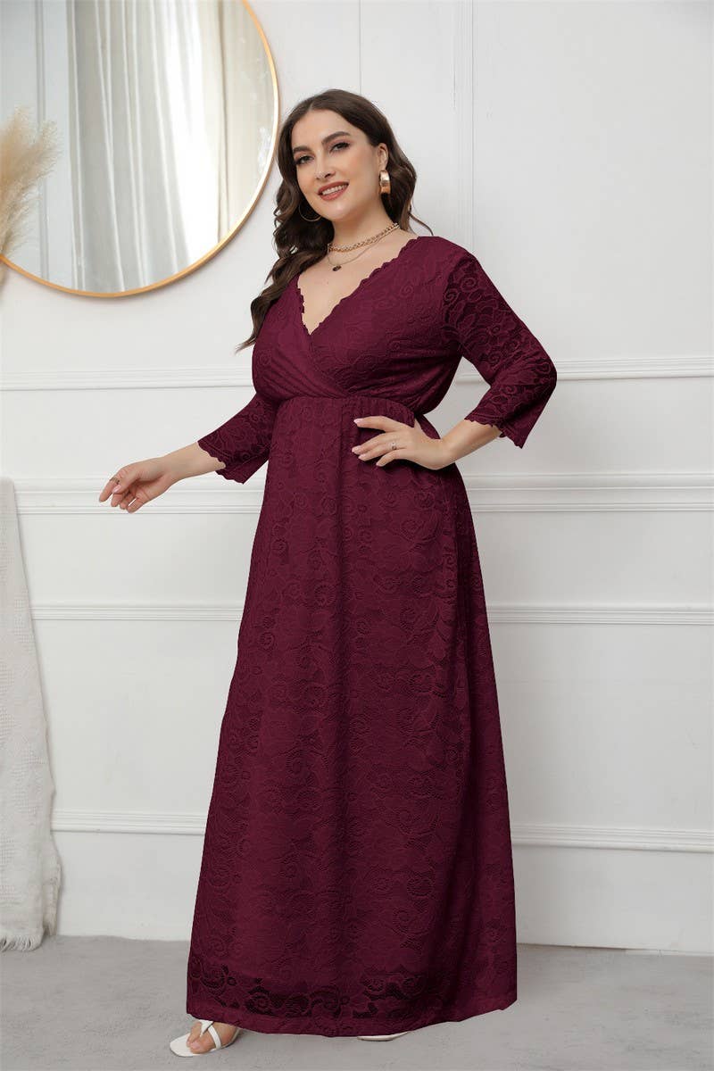 CWDMD3208_PLUS SIZE V NECK LACE LONG GOWN DRESS