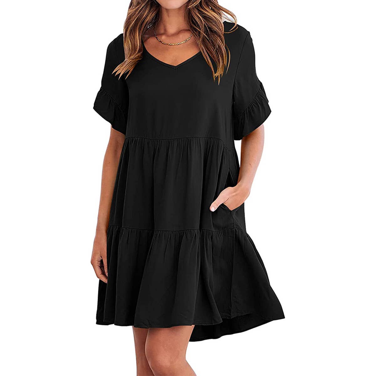 V-neck doll outfit three-layer pleated dress