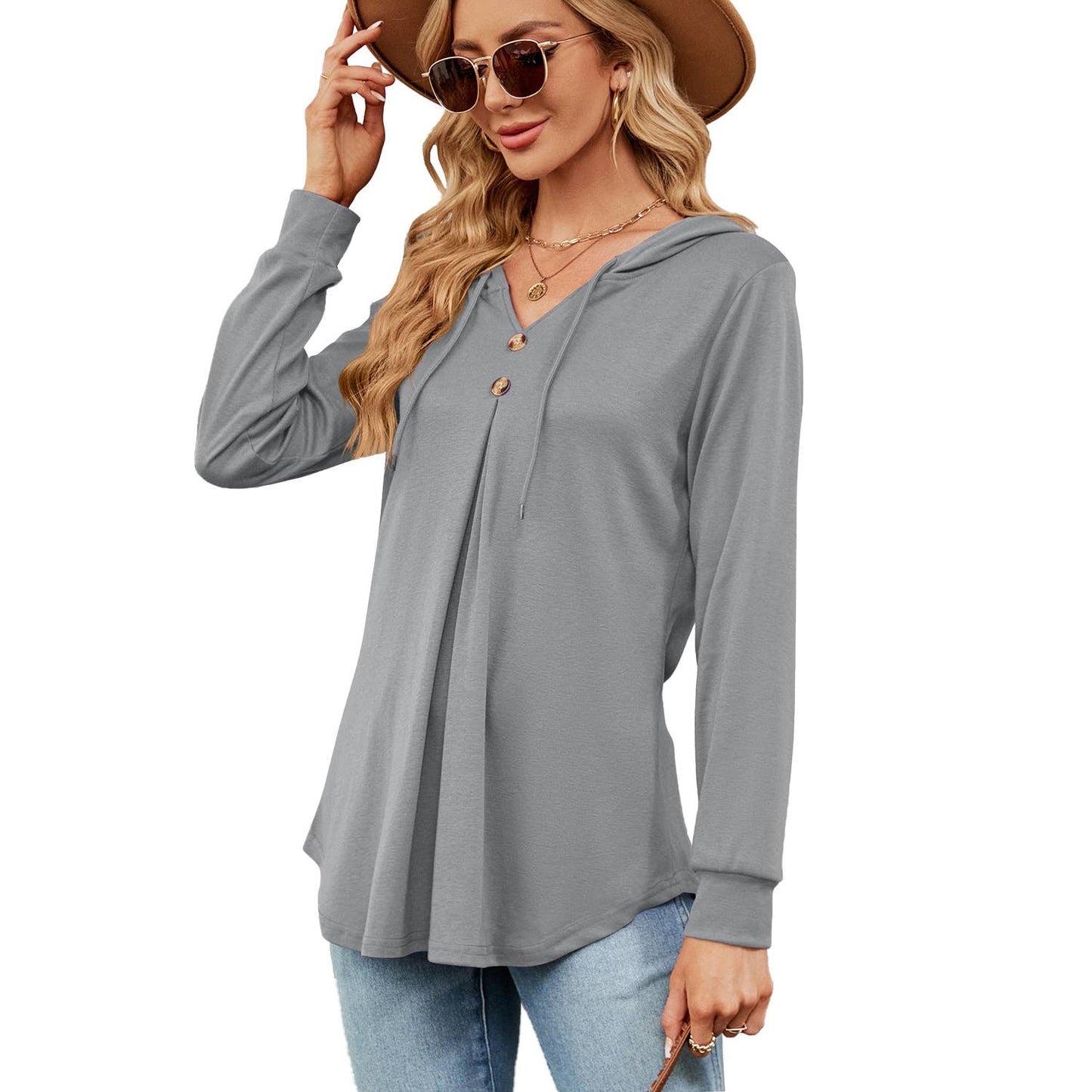 V-NECK BUTTON-UP HOODIE LOOSE LONG-SLEEVED HOODIE