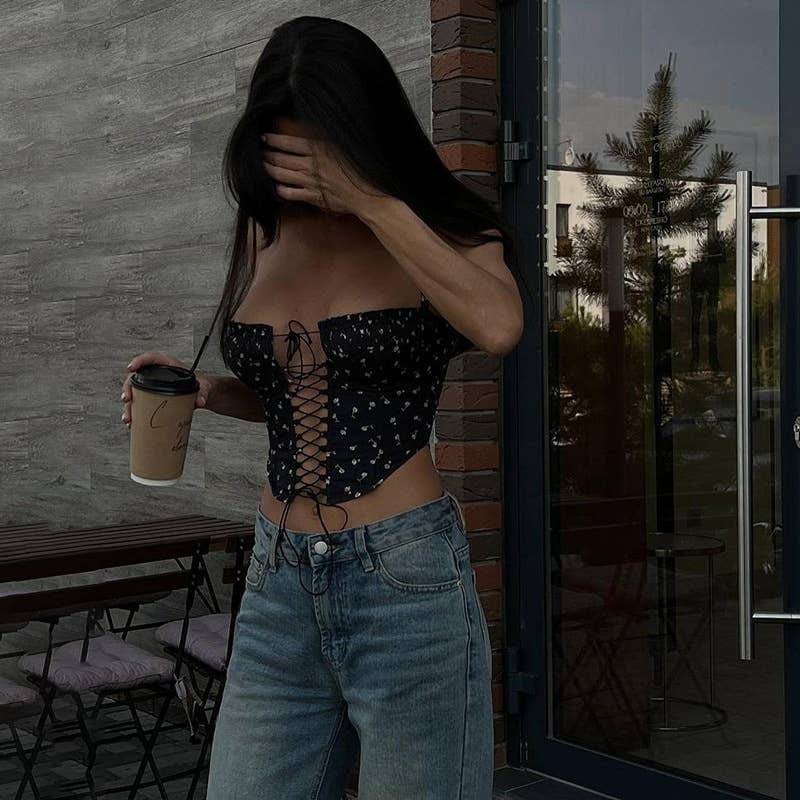 Printed Lace-Up Sheer Strapless Tube Top