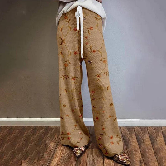 PLANT-FLOWER PRINTED CASUAL WIDE-LEG KNIT PANTS