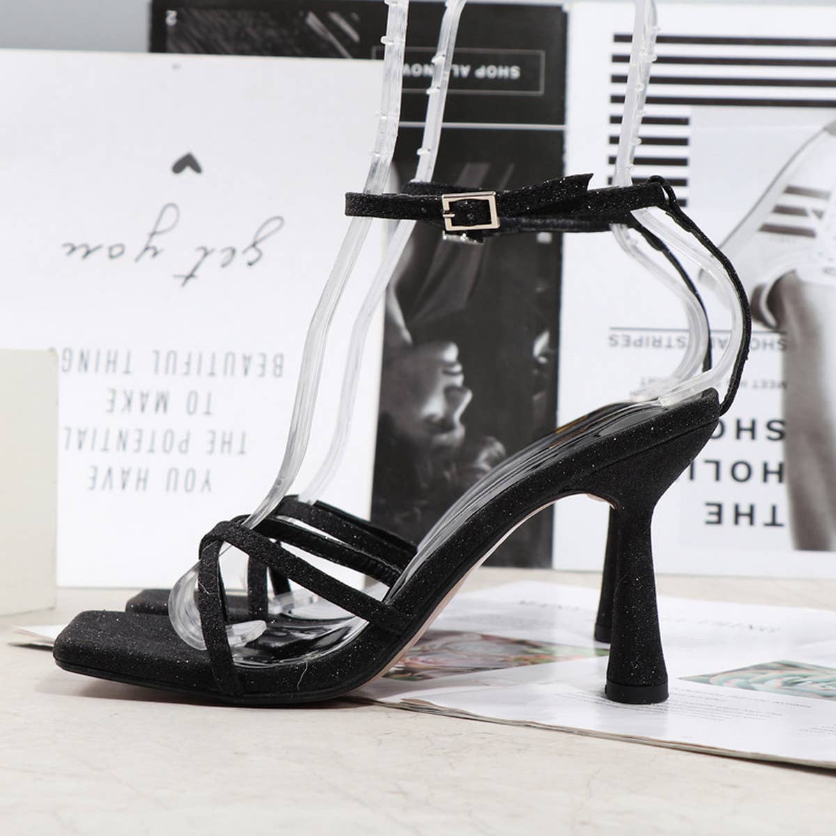 CROSS STRAP SEQUIN STILETTO SANDALS