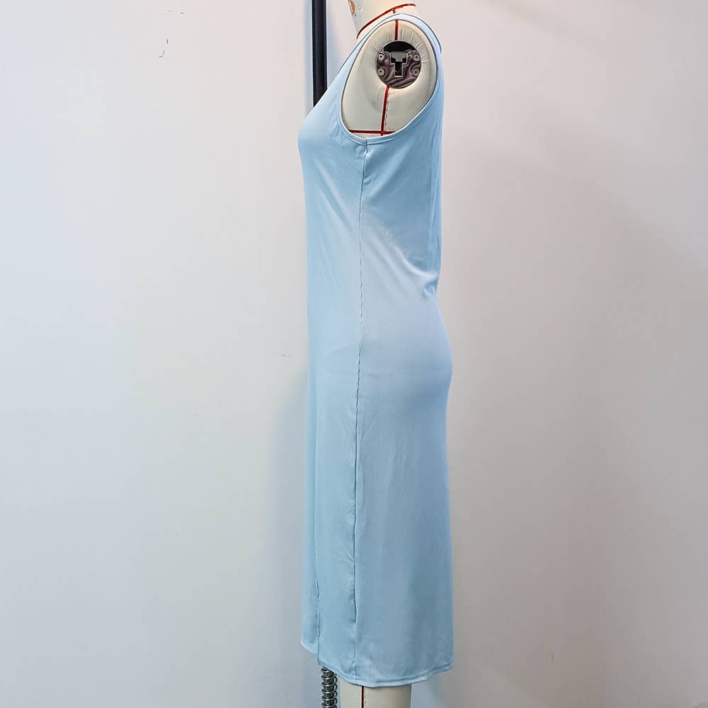 SOLID COLOR KNIT SLIT SLIM LONG DRESS